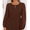 imageZESICA Womens Long Sleeve Mini Dress 2025 Fall Crewneck Tie Front Hollow Out Eyelet Babydoll A Line Short DressesBrown