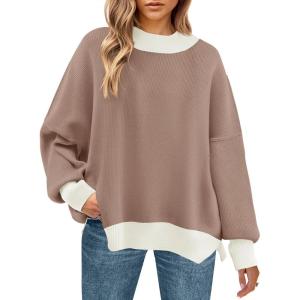 imageZESICA Womens Fall 2025 Oversized Sweaters Long Sleeve Color Block Mock Neck Side Slit Comfy Loose Knitted Pullover TopsAlmond