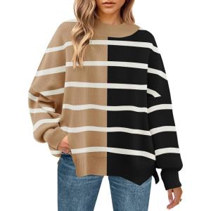 imageZESICA Womens Fall 2025 Oversized Sweaters Long Sleeve Color Block Mock Neck Side Slit Comfy Loose Knitted Pullover TopsCamel