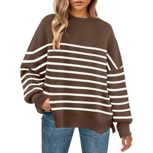 imageZESICA Womens Fall 2025 Oversized Sweaters Long Sleeve Color Block Mock Neck Side Slit Comfy Loose Knitted Pullover TopsCoffee
