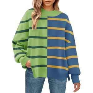 imageZESICA Womens Fall 2025 Oversized Sweaters Long Sleeve Color Block Mock Neck Side Slit Comfy Loose Knitted Pullover TopsGrass Green