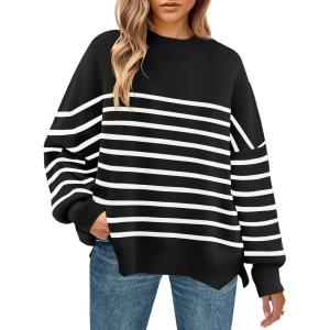 imageZESICA Womens Fall 2025 Oversized Sweaters Long Sleeve Color Block Mock Neck Side Slit Comfy Loose Knitted Pullover TopsInk