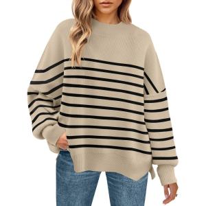imageZESICA Womens Fall 2025 Oversized Sweaters Long Sleeve Color Block Mock Neck Side Slit Comfy Loose Knitted Pullover TopsKhaki