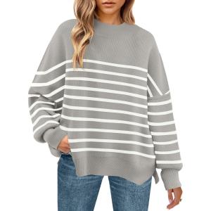 imageZESICA Womens Fall 2025 Oversized Sweaters Long Sleeve Color Block Mock Neck Side Slit Comfy Loose Knitted Pullover TopsLight Grey