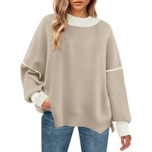 imageZESICA Womens Fall 2025 Oversized Sweaters Long Sleeve Color Block Mock Neck Side Slit Comfy Loose Knitted Pullover TopsOatmeal