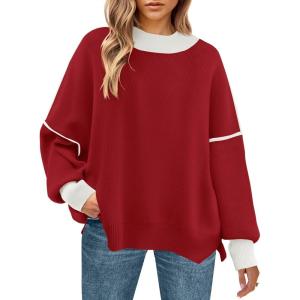 imageZESICA Womens Fall 2025 Oversized Sweaters Long Sleeve Color Block Mock Neck Side Slit Comfy Loose Knitted Pullover TopsRed