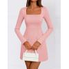 imageZESICA Womens 2025 Fall Long Sleeve Bodycon Mini Dress Casual Square Neck Slim Fit Cocktail Party Short DressesPink