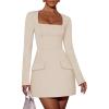 imageZESICA Womens 2025 Fall Long Sleeve Bodycon Mini Dress Casual Square Neck Slim Fit Cocktail Party Short DressesApricot