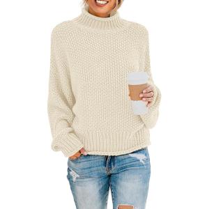 imageZESICA Womens Turtleneck Batwing Sleeve Loose Oversized Chunky Knitted Pullover Sweater Jumper TopsApricot