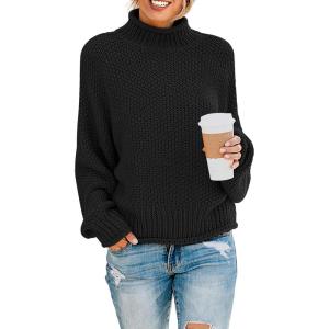 imageZESICA Womens Turtleneck Batwing Sleeve Loose Oversized Chunky Knitted Pullover Sweater Jumper TopsBlack