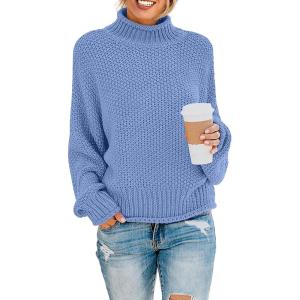 imageZESICA Womens Turtleneck Batwing Sleeve Loose Oversized Chunky Knitted Pullover Sweater Jumper TopsBlue