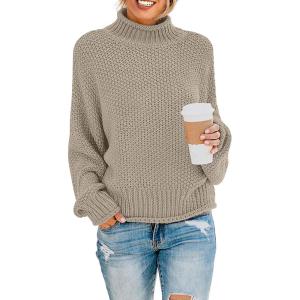 imageZESICA Womens Turtleneck Batwing Sleeve Loose Oversized Chunky Knitted Pullover Sweater Jumper TopsCamel