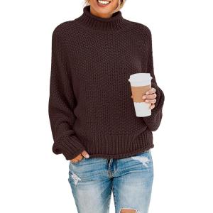 imageZESICA Womens Turtleneck Batwing Sleeve Loose Oversized Chunky Knitted Pullover Sweater Jumper TopsCoffee