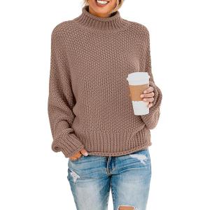 imageZESICA Womens Turtleneck Batwing Sleeve Loose Oversized Chunky Knitted Pullover Sweater Jumper TopsKhaki