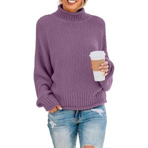 imageZESICA Womens Turtleneck Batwing Sleeve Loose Oversized Chunky Knitted Pullover Sweater Jumper TopsPurple
