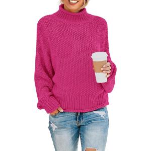 imageZESICA Womens Turtleneck Batwing Sleeve Loose Oversized Chunky Knitted Pullover Sweater Jumper TopsRose
