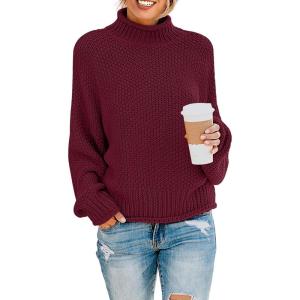 imageZESICA Womens Turtleneck Batwing Sleeve Loose Oversized Chunky Knitted Pullover Sweater Jumper TopsWine
