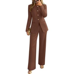 imageZESICA Womens 2025 Fall Two Piece Suits Set Casual Business Long Sleeve Blazer Jacket Wide Leg Pants Work Outfits SetsBrown