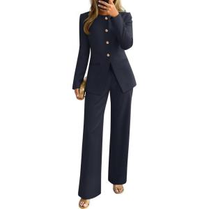 imageZESICA Womens 2025 Fall Two Piece Suits Set Casual Business Long Sleeve Blazer Jacket Wide Leg Pants Work Outfits SetsNavy