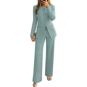 imageZESICA Womens 2025 Fall Two Piece Suits Set Casual Business Long Sleeve Blazer Jacket Wide Leg Pants Work Outfits SetsSage