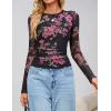 imageZESICA Womens Floral Mesh Going Out Tops Fall Long Sleeve Crewneck Slim Fit Ruched Y2k Shirts Beach Vacation OutfitsBlack Rose