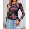 imageZESICA Womens Floral Mesh Going Out Tops Fall Long Sleeve Crewneck Slim Fit Ruched Y2k Shirts Beach Vacation OutfitsBlack Rose