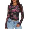 imageZESICA Womens Floral Mesh Going Out Tops Fall Long Sleeve Crewneck Slim Fit Ruched Y2k Shirts Beach Vacation OutfitsBlack Rose