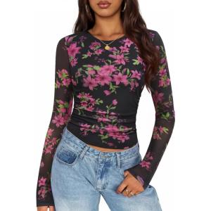imageZESICA Womens Floral Mesh Going Out Tops Fall Long Sleeve Crewneck Slim Fit Ruched Y2k Shirts Beach Vacation OutfitsBlack Rose