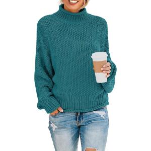 imageZESICA Womens Turtleneck Batwing Sleeve Loose Oversized Chunky Knitted Pullover Sweater Jumper TopsPeacock