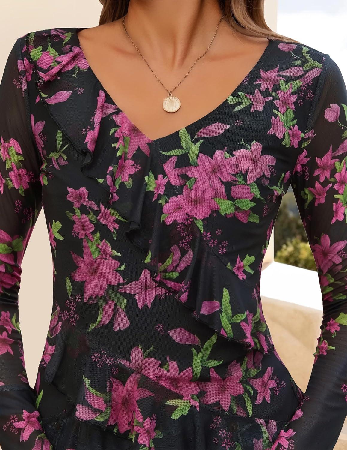 imageZESICA Womens Long Sleeve Floral Shirts V Neck Going Out Ruffle Tops Blouses 2025 Fall Fashion Clothes OutfitsBlackrose