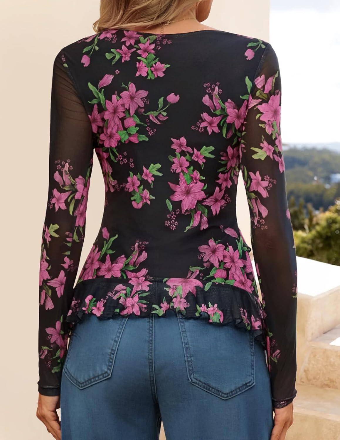 imageZESICA Womens Long Sleeve Floral Shirts V Neck Going Out Ruffle Tops Blouses 2025 Fall Fashion Clothes OutfitsBlackrose