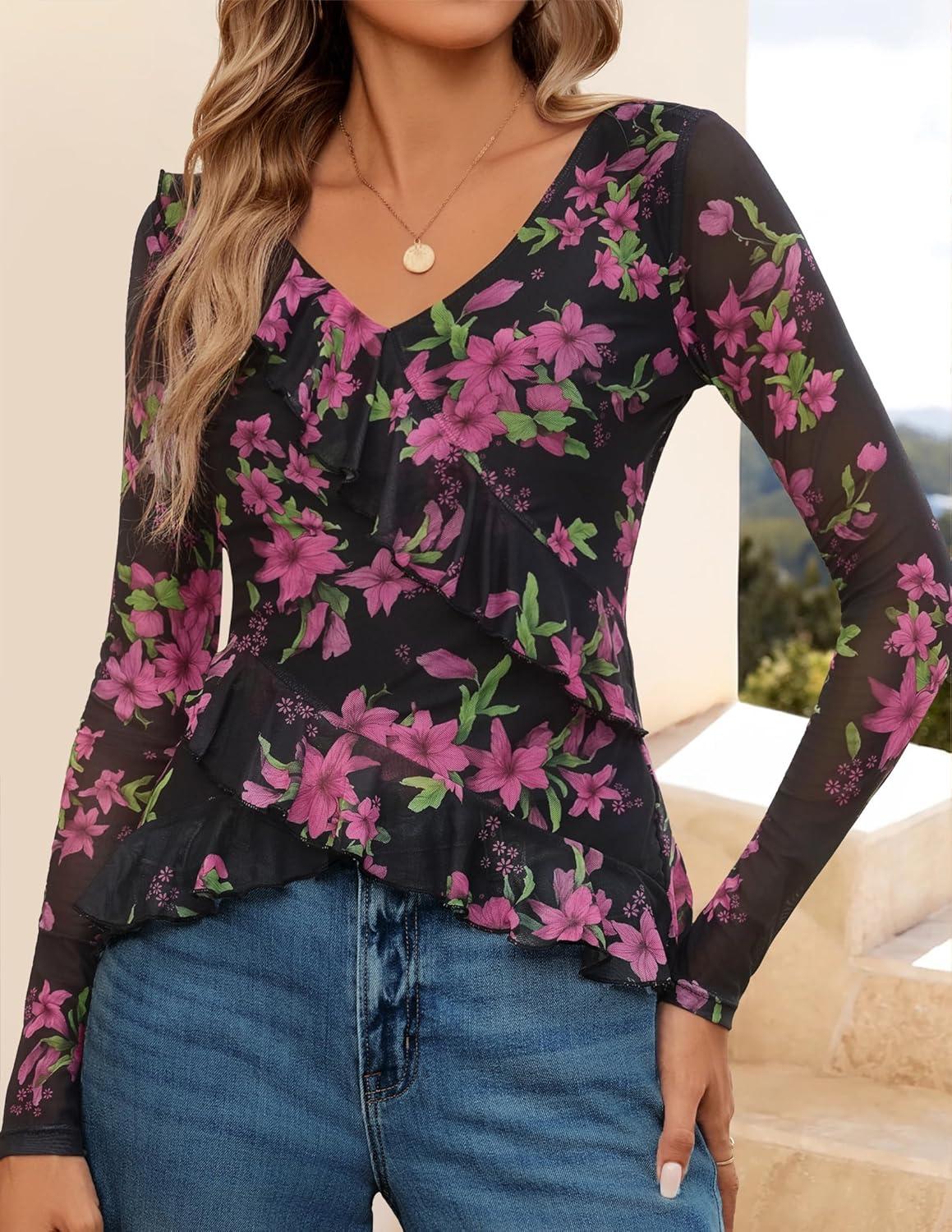 imageZESICA Womens Long Sleeve Floral Shirts V Neck Going Out Ruffle Tops Blouses 2025 Fall Fashion Clothes OutfitsBlackrose