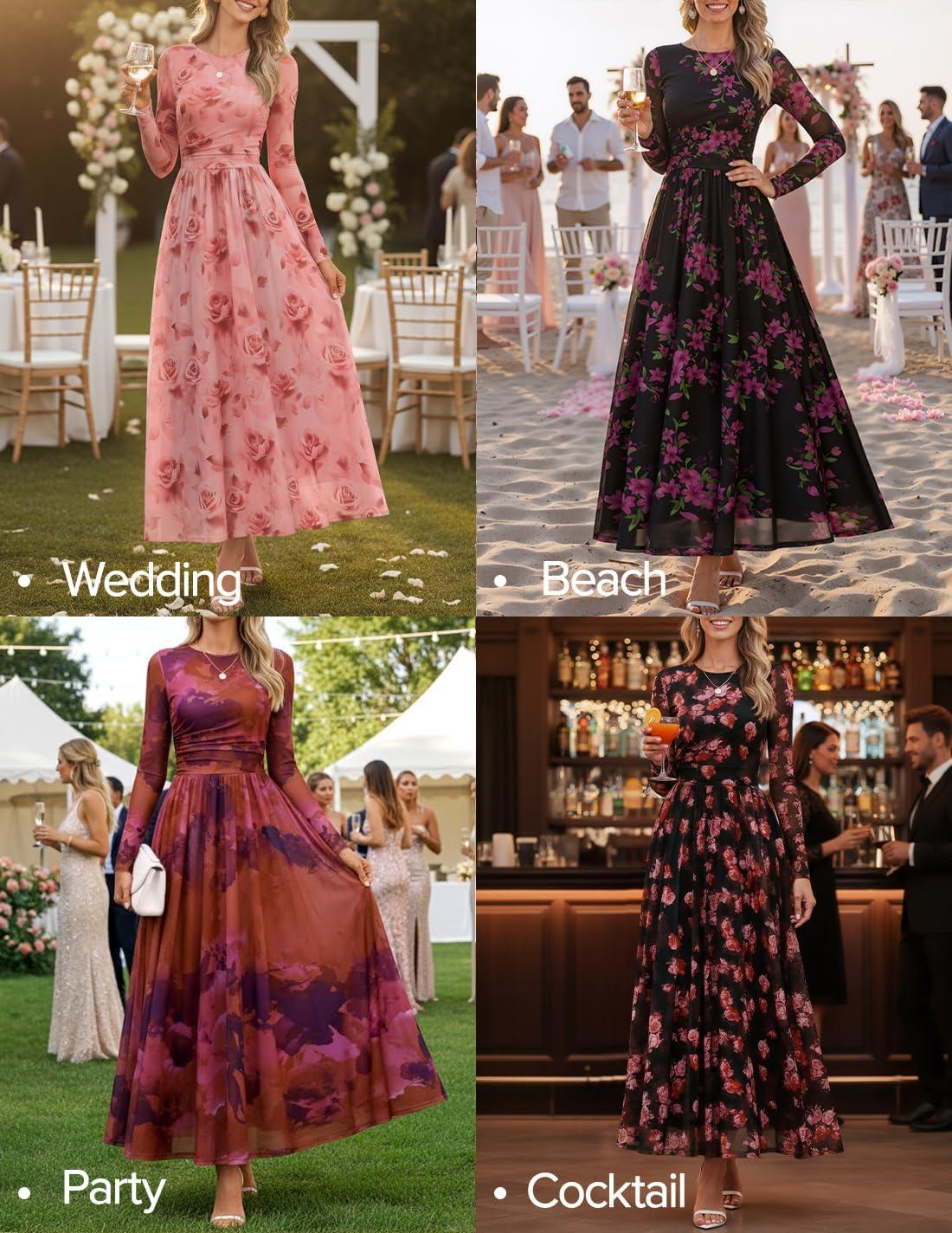 imageZESICA Womens Maxi Dress 2025 Fall Long Sleeve Crewneck Floral Print Mesh Ruched Party Wedding Guest DressesBlackrose