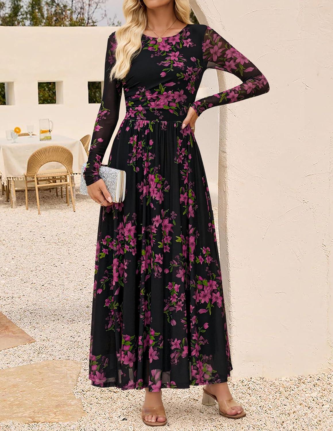 imageZESICA Womens Maxi Dress 2025 Fall Long Sleeve Crewneck Floral Print Mesh Ruched Party Wedding Guest DressesBlackrose