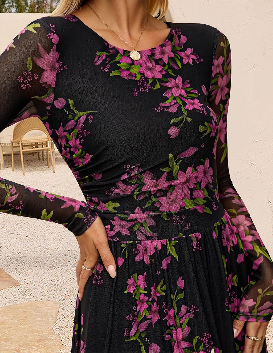 imageZESICA Womens Maxi Dress 2025 Fall Long Sleeve Crewneck Floral Print Mesh Ruched Party Wedding Guest DressesBlackrose