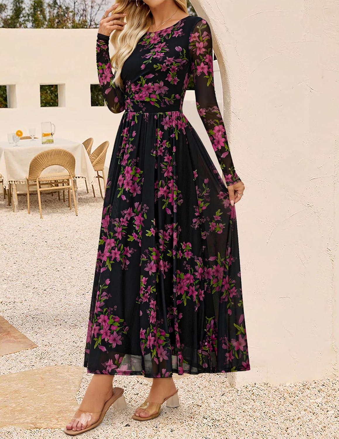 imageZESICA Womens Maxi Dress 2025 Fall Long Sleeve Crewneck Floral Print Mesh Ruched Party Wedding Guest DressesBlackrose