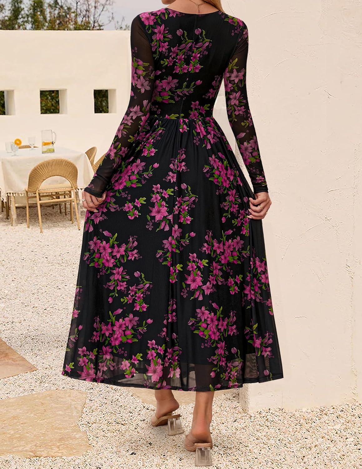 imageZESICA Womens Maxi Dress 2025 Fall Long Sleeve Crewneck Floral Print Mesh Ruched Party Wedding Guest DressesBlackrose