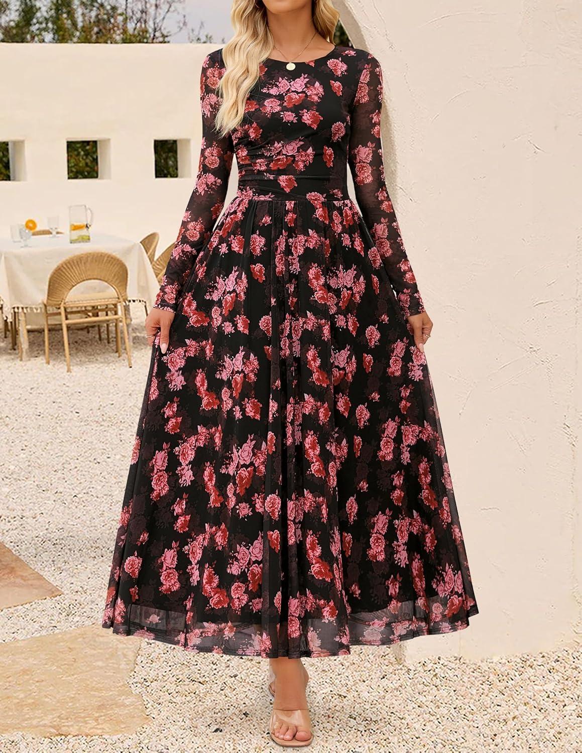 imageZESICA Womens Maxi Dress 2025 Fall Long Sleeve Crewneck Floral Print Mesh Ruched Party Wedding Guest DressesPinkblack