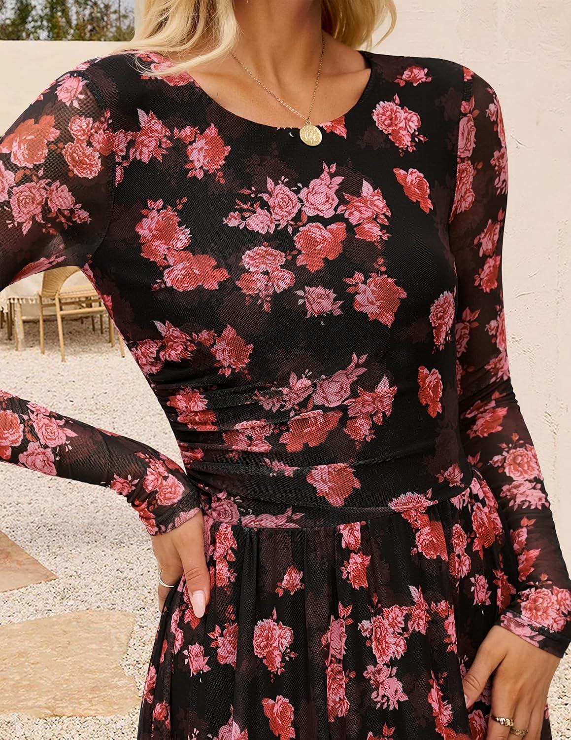 imageZESICA Womens Maxi Dress 2025 Fall Long Sleeve Crewneck Floral Print Mesh Ruched Party Wedding Guest DressesPinkblack