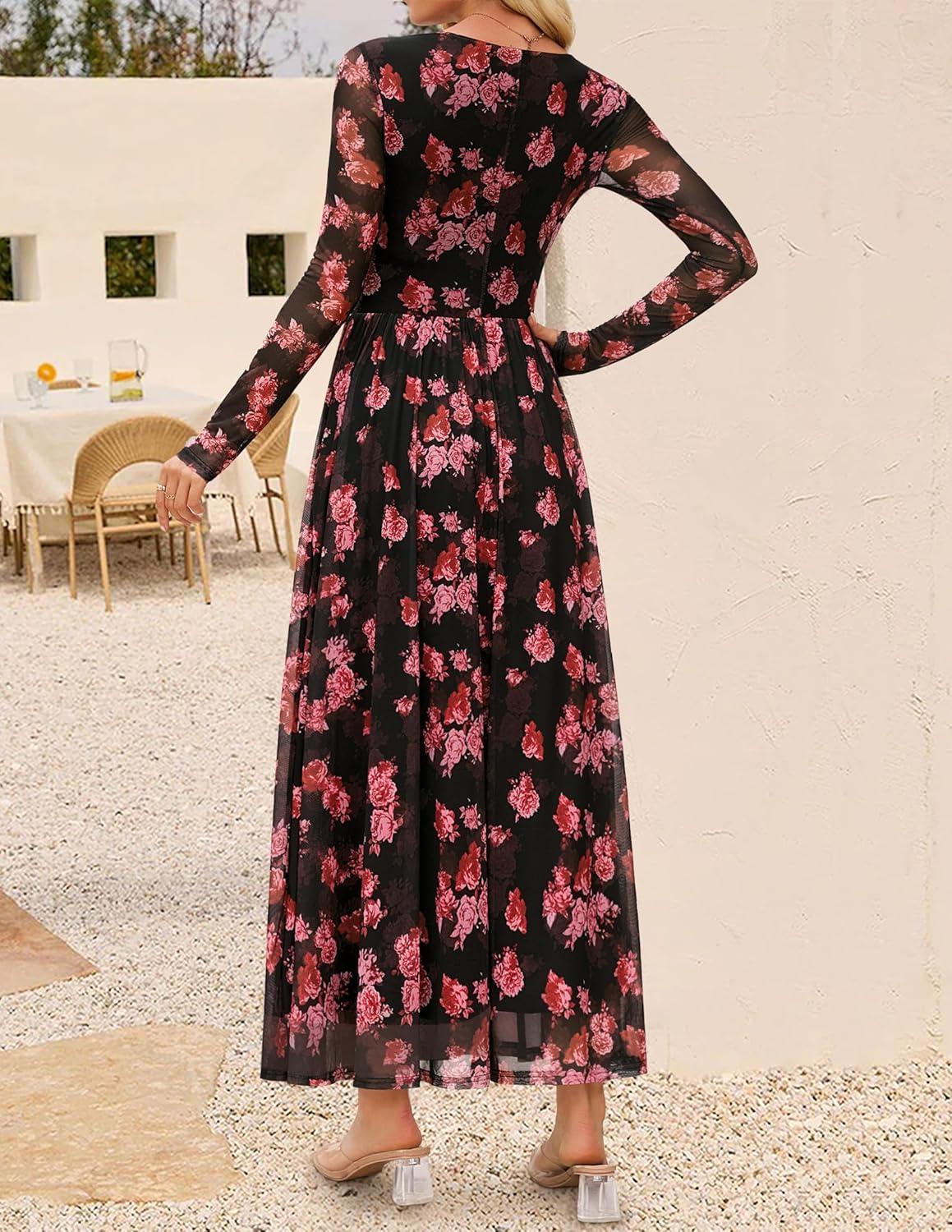 imageZESICA Womens Maxi Dress 2025 Fall Long Sleeve Crewneck Floral Print Mesh Ruched Party Wedding Guest DressesPinkblack