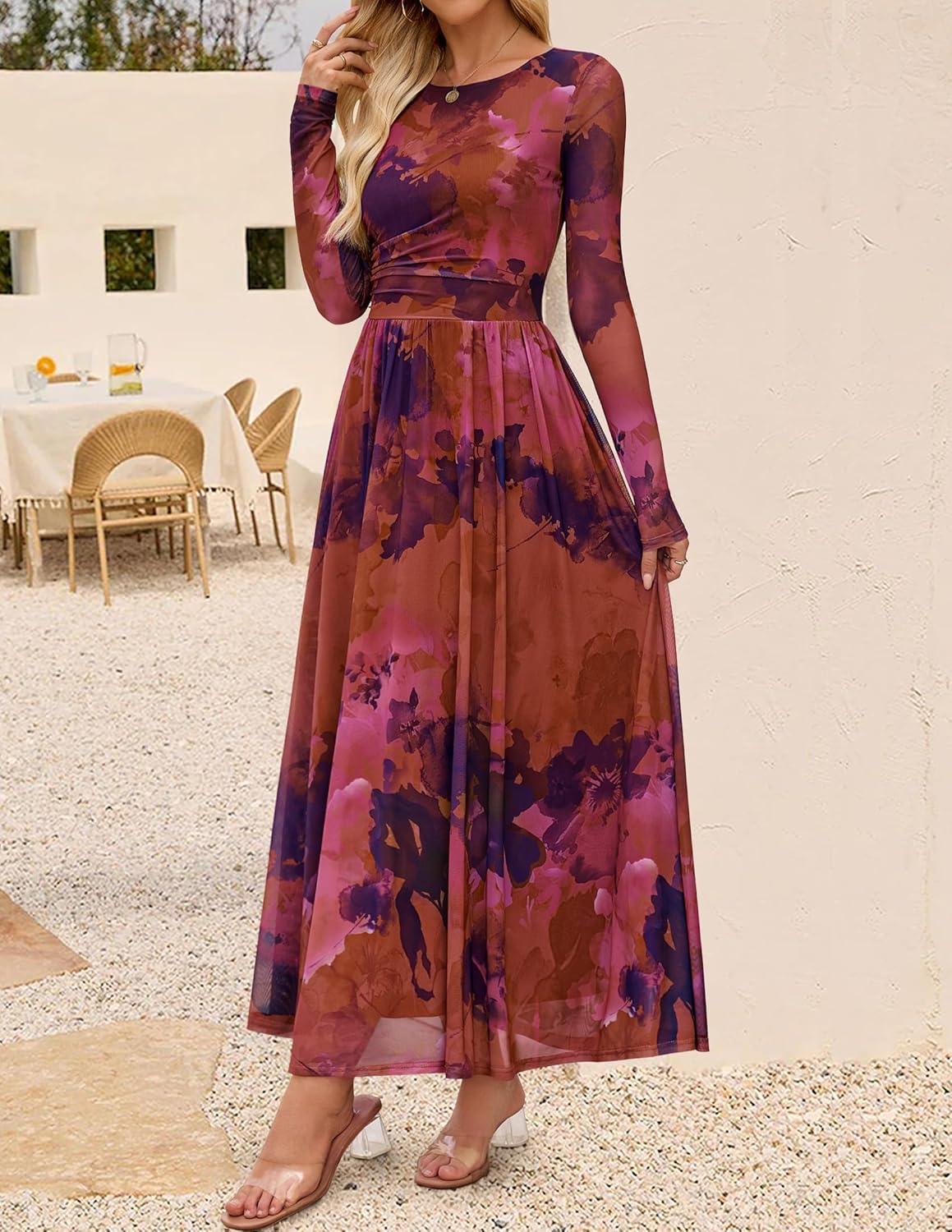 imageZESICA Womens Maxi Dress 2025 Fall Long Sleeve Crewneck Floral Print Mesh Ruched Party Wedding Guest DressesPinkpurple