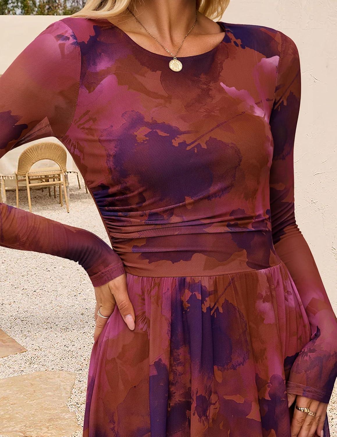 imageZESICA Womens Maxi Dress 2025 Fall Long Sleeve Crewneck Floral Print Mesh Ruched Party Wedding Guest DressesPinkpurple