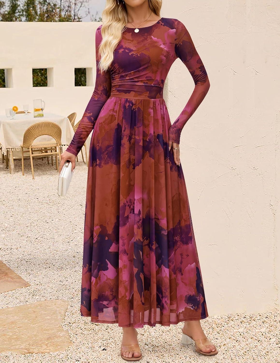 imageZESICA Womens Maxi Dress 2025 Fall Long Sleeve Crewneck Floral Print Mesh Ruched Party Wedding Guest DressesPinkpurple