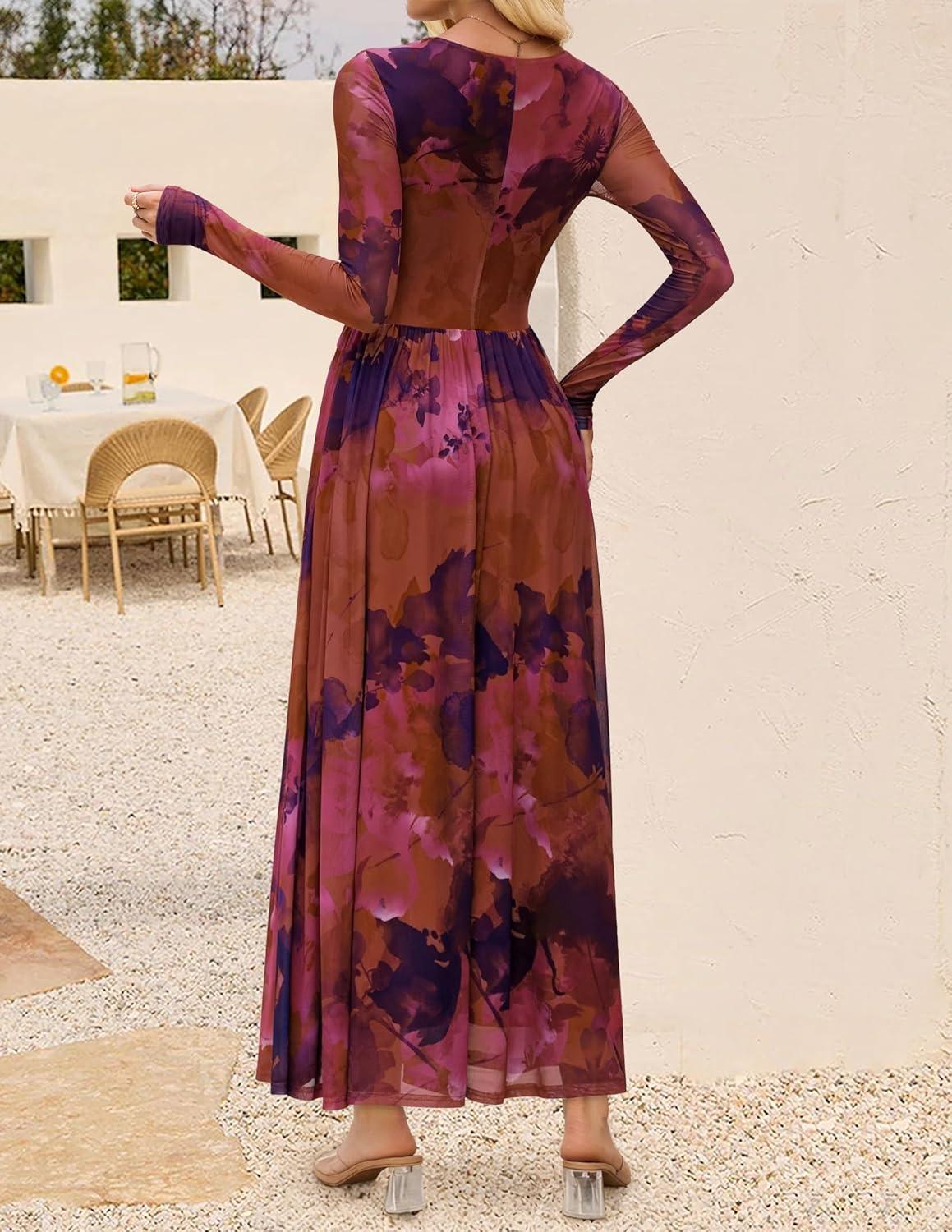 imageZESICA Womens Maxi Dress 2025 Fall Long Sleeve Crewneck Floral Print Mesh Ruched Party Wedding Guest DressesPinkpurple