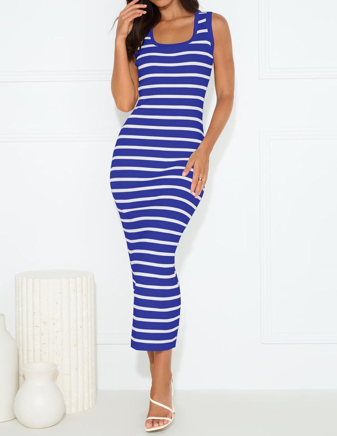 imageZESICA Womens Summer Square Neck Bodycon Midi Dresses 2025 Casual Sleeveless Ribbed Knit Striped Beach Vacation Long DressBlue