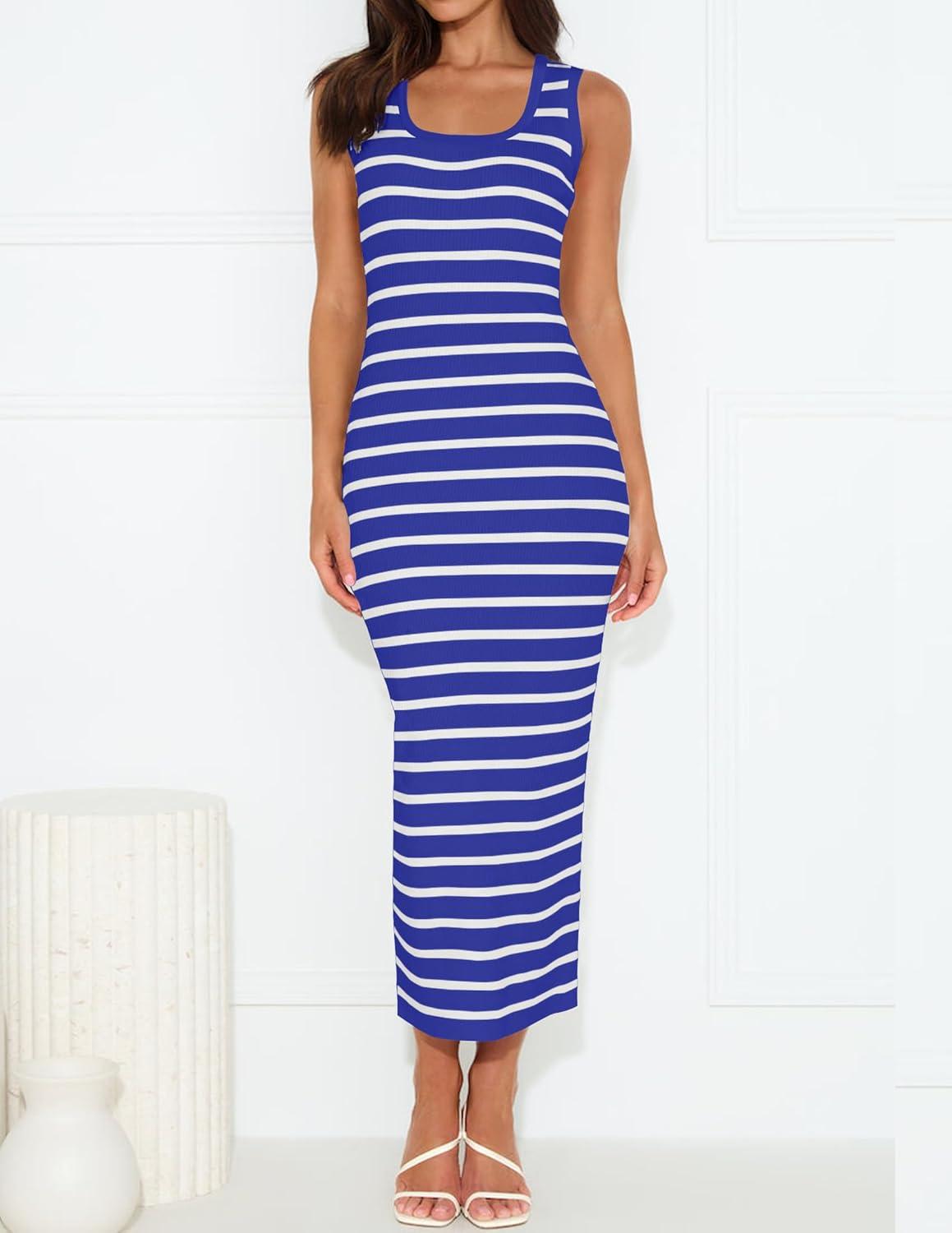imageZESICA Womens Summer Square Neck Bodycon Midi Dresses 2025 Casual Sleeveless Ribbed Knit Striped Beach Vacation Long DressBlue
