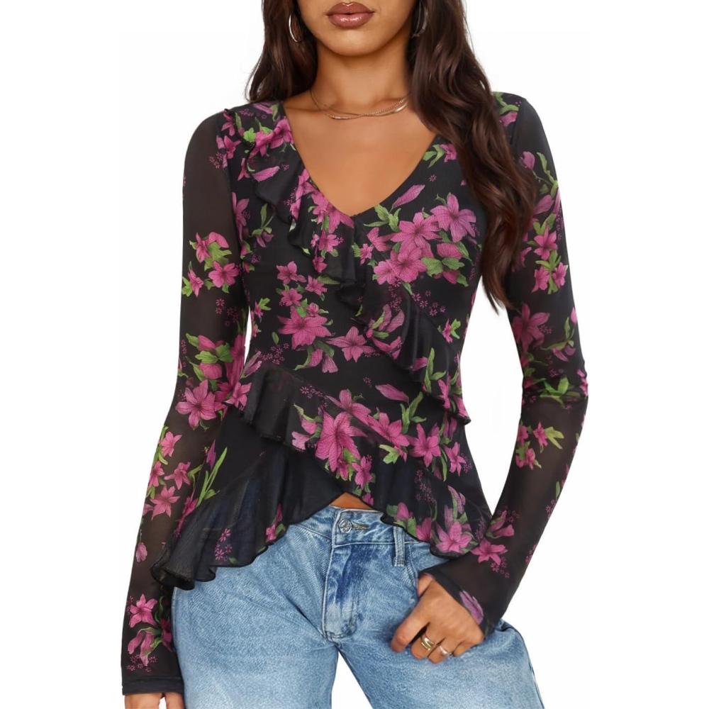 imageZESICA Womens Long Sleeve Floral Shirts V Neck Going Out Ruffle Tops Blouses 2025 Fall Fashion Clothes OutfitsBlackrose