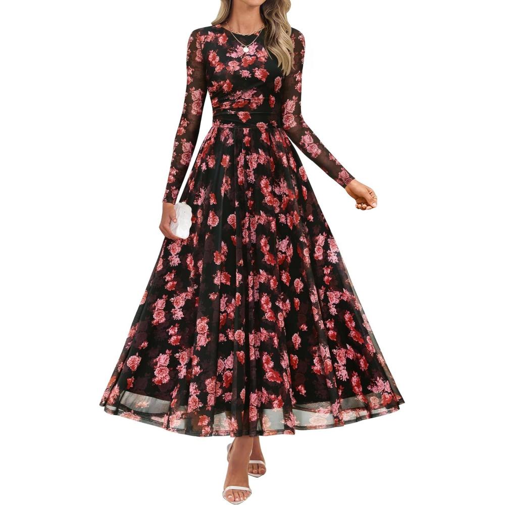 imageZESICA Womens Maxi Dress 2025 Fall Long Sleeve Crewneck Floral Print Mesh Ruched Party Wedding Guest DressesPinkblack