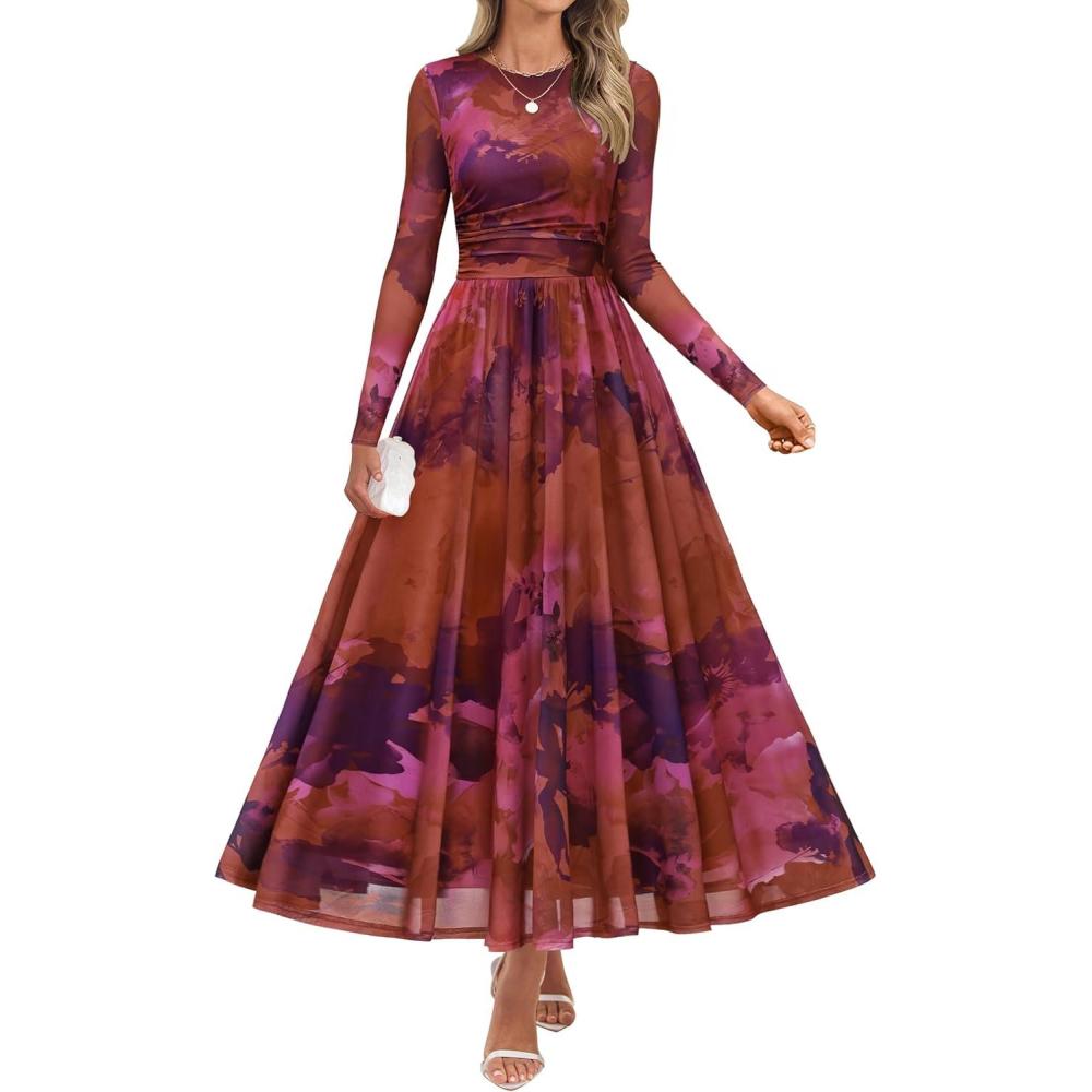imageZESICA Womens Maxi Dress 2025 Fall Long Sleeve Crewneck Floral Print Mesh Ruched Party Wedding Guest DressesPinkpurple