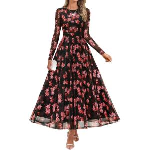 imageZESICA Womens Maxi Dress 2025 Fall Long Sleeve Crewneck Floral Print Mesh Ruched Party Wedding Guest DressesPinkblack